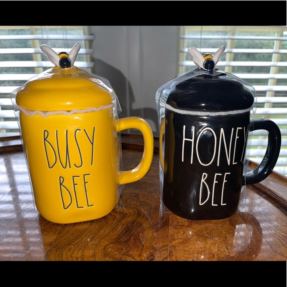 Rae Dunn Busy Bee & Honey Bee mugs with bee toppers